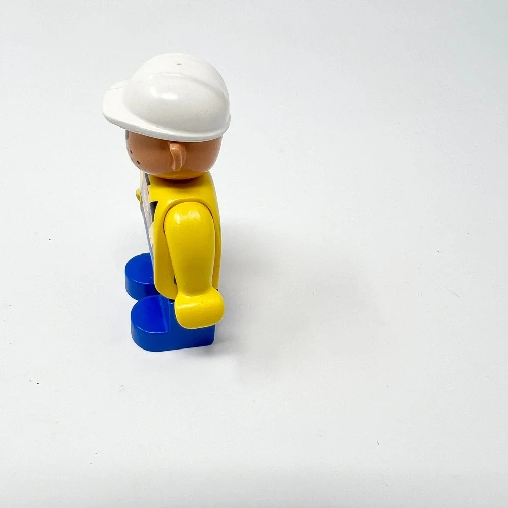 LEGO Duplo Construction Worker Minifigure Yellow Hazard Logo White Hard Hat Blue